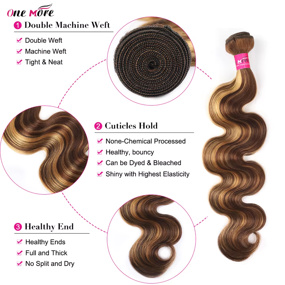 Lot de 5x5 mèches de cheveux humains blond miel ondulées avec closure, couleur ombrée et mèches cont
