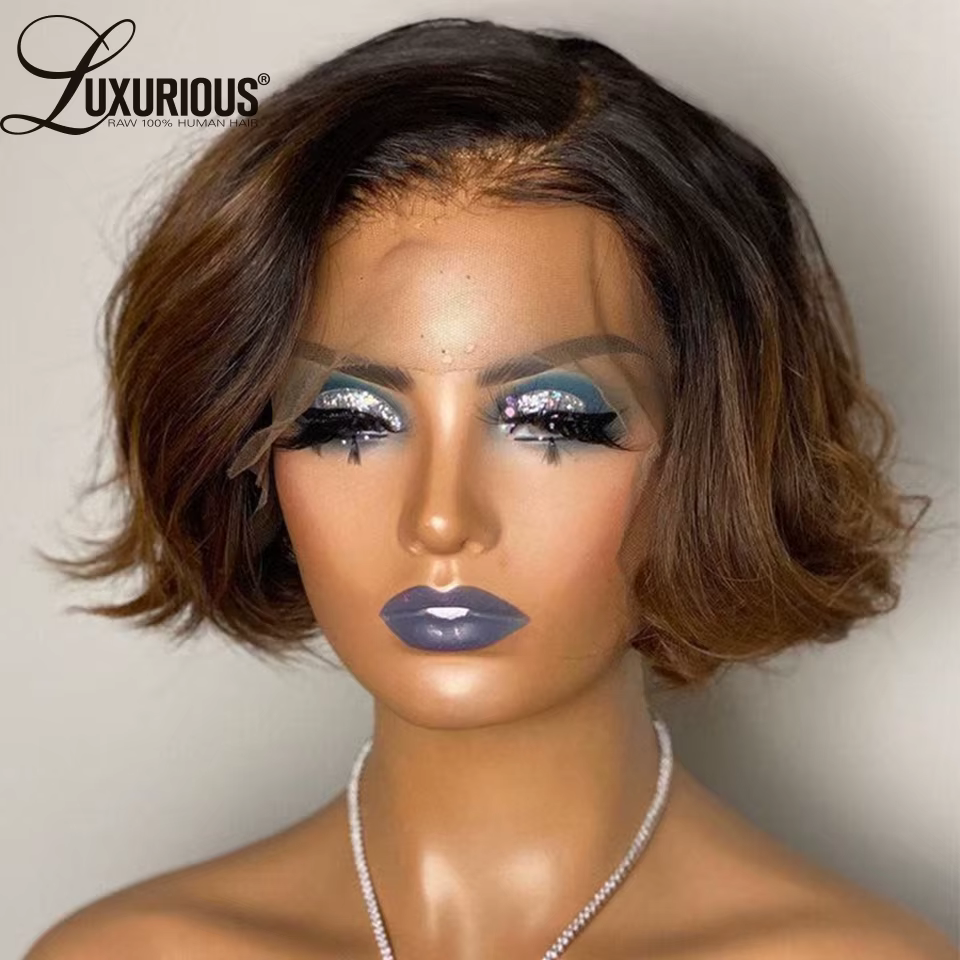 Ombre # Perruques courtes style pixie brun 1B pour femmes, cheveux humains, densité 250, ondulées, b