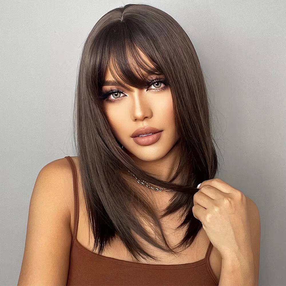 GEMMA – perruque synthétique BoBo marron foncé avec frange pour femmes, postiche lisse à longueur d'