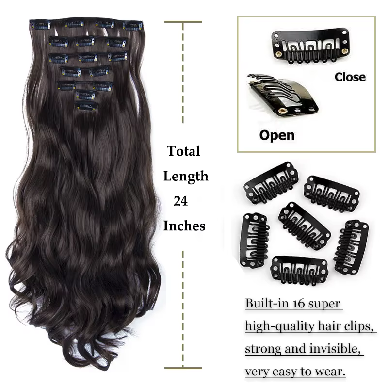 NICESY 16Clips synthétiques 24 pouces longs cheveux bouclés postiche résistant à la chaleur Extensio