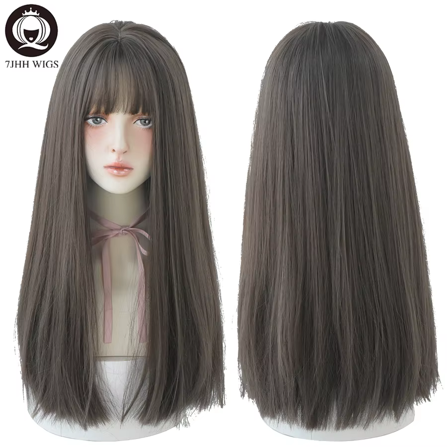 7JHHWIGS – perruques synthétiques longues et lisses marron clair avec frange pour femmes, résistante