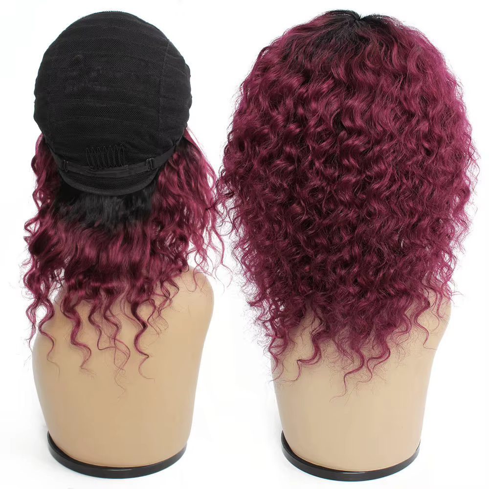 Perruque de cheveux humains bouclés courts bordeaux pour femme, Ombre Honey Blonde, Perruques entièr