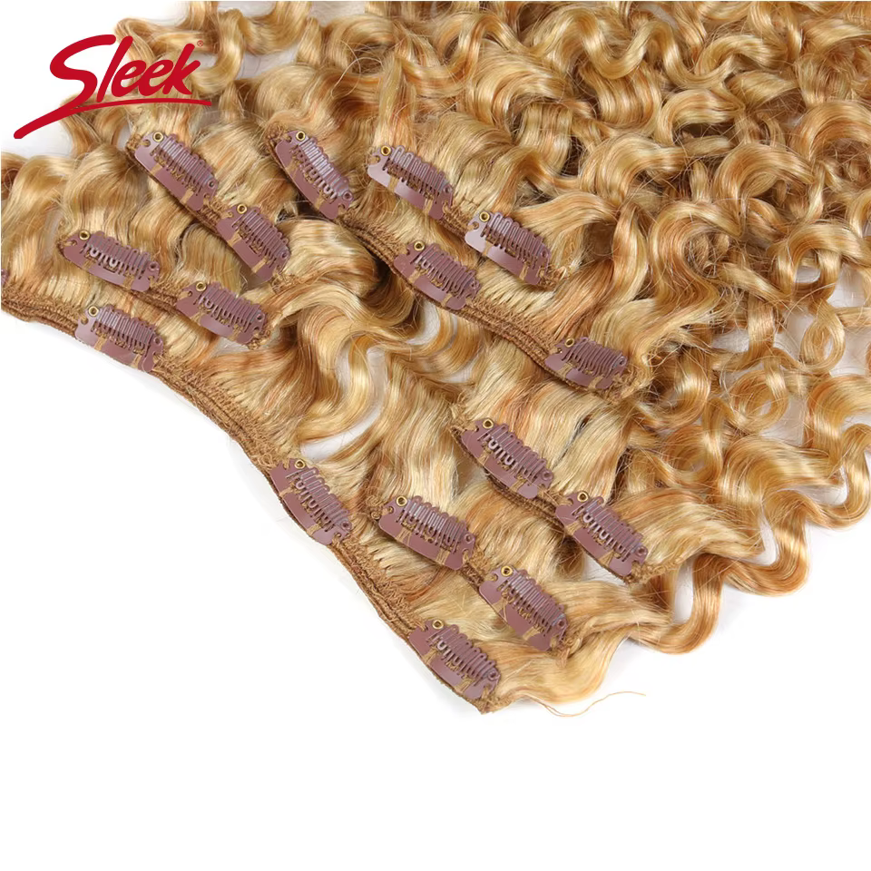 Sleek Hair-Extensions de Cheveux Humains à Clips, Brésilien, Bouclé, caution, Blond Miel, # P27/613,