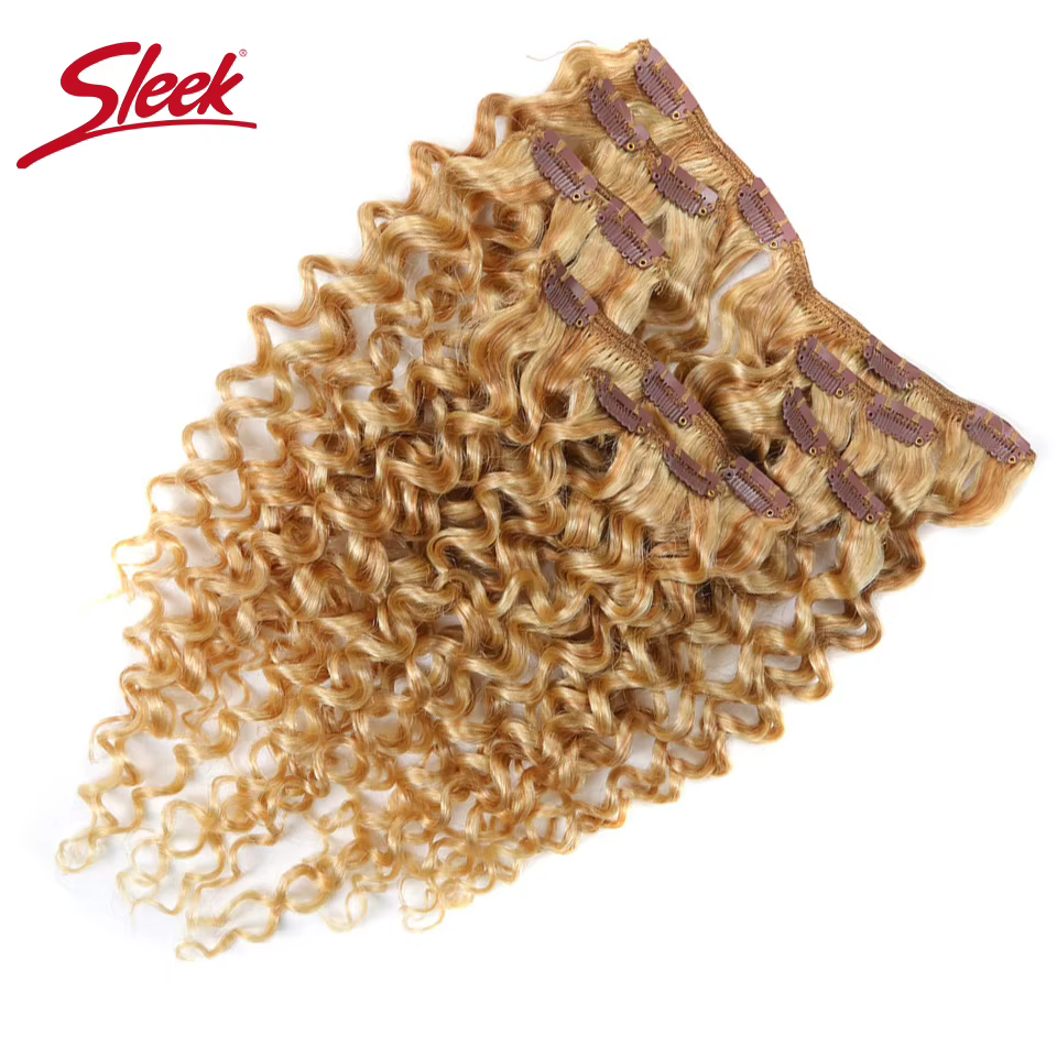 Sleek Hair-Extensions de Cheveux Humains à Clips, Brésilien, Bouclé, caution, Blond Miel, # P27/613,