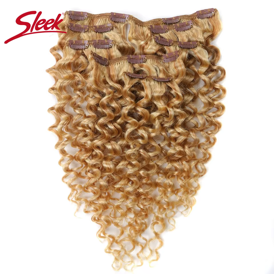 Sleek Hair-Extensions de Cheveux Humains à Clips, Brésilien, Bouclé, caution, Blond Miel, # P27/613,