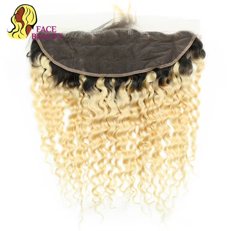 Facebeauty 1B 613 Remy Brazilian Curly Frontal Honey Blonde Ombre Cheveux Humains 13*4 Pré-Plucké de