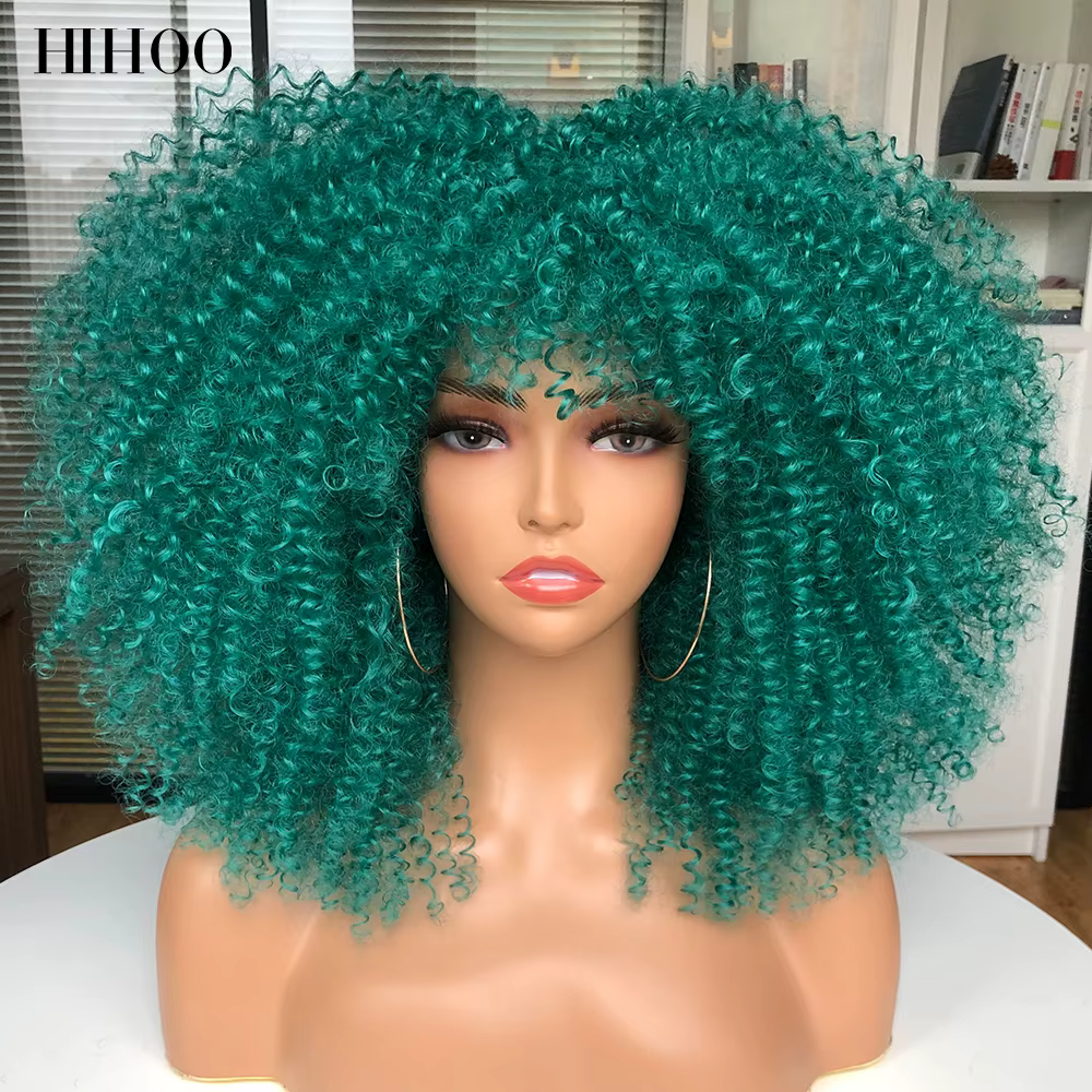 Perruques courtes Afro cheveux crépus bouclés perruques avec frange pour les femmes noires Cosplay L