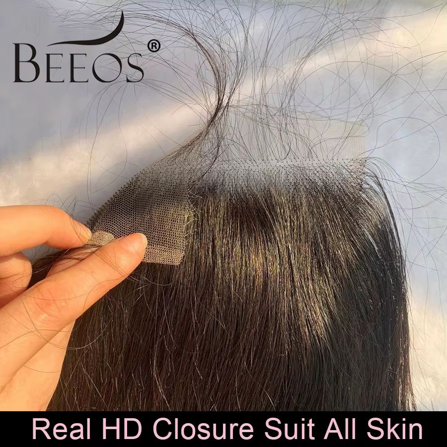 Beeos-Perruque Lace Closure Remy Naturelle Lisse, Cheveux de Bébé, Peau Fondue, HD, 5x5