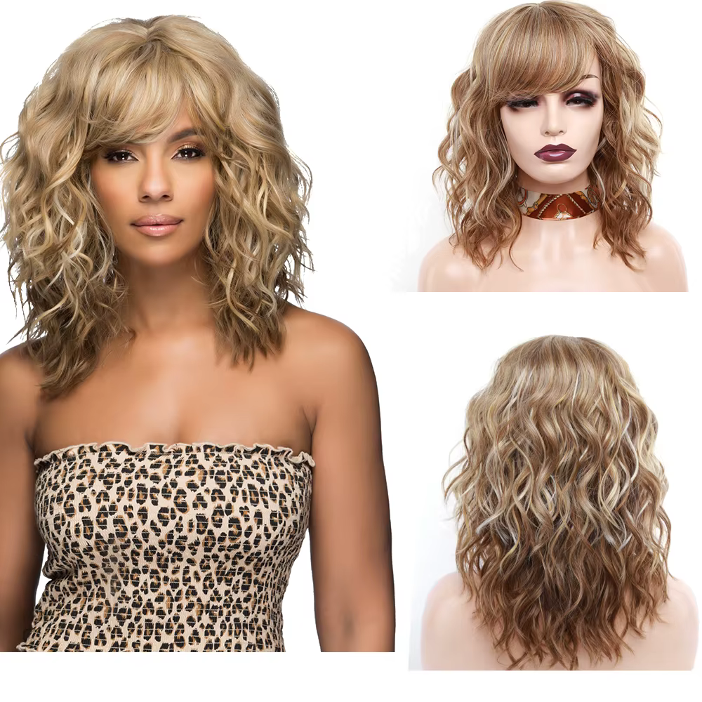 Amir-Perruques Synthétiques Blonde Bouclée avec Frange pour Femme, Perruque Bob Wave Noire, Cheveux