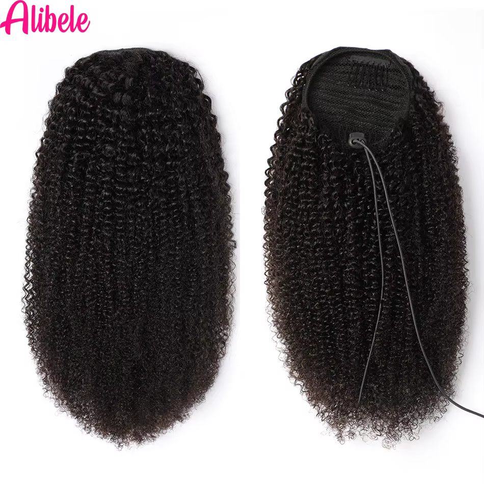 Alibele-Extensions de Cheveux Humains Crépus Bouclés Afro, Queue de Cheval Longue à Clips, 10-28 Pou