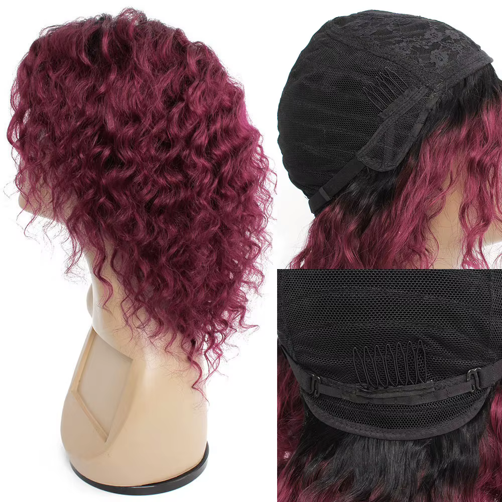 Perruque de cheveux humains bouclés courts bordeaux pour femme, Ombre Honey Blonde, Perruques entièr