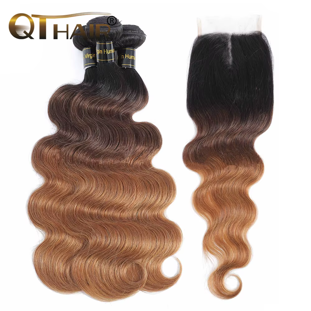 Tissage en lot brésilien naturel Body Wave avec closure, mèches de cheveux vierges 1b/4/27 1b/4/30, 