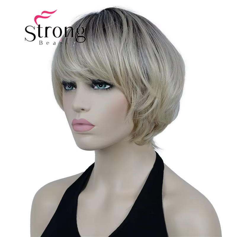 Perruques synthétiques ombré Blonde courte | Perruque coupe au carré style carré court, Shag superpo