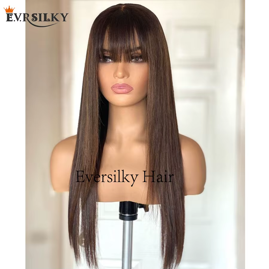 Perruque Lace Front Wig Remy lisse et soyeuse, cheveux naturels, avec frange, pre-plucked, reflets b
