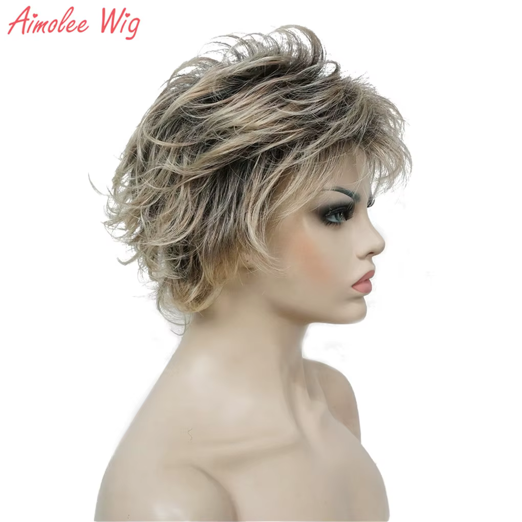 Perruques synthétiques pour femmes, cheveux courts et lisses avec couches, coupe Pixie, blondes et n