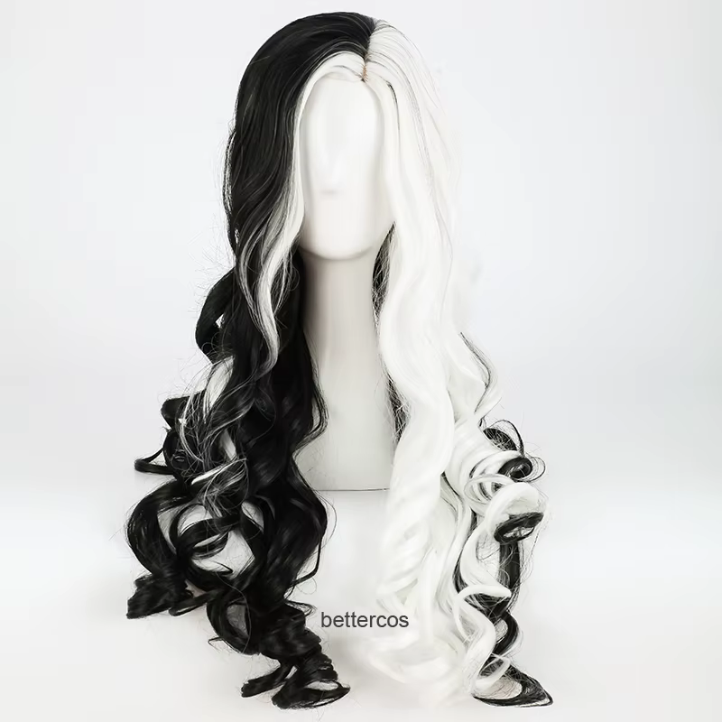 CRUELLA-Perruque Synthétique Bouclée de 75cm avec Bonnet pour Cosplay, Cheveux Moitié Blancs et Noir