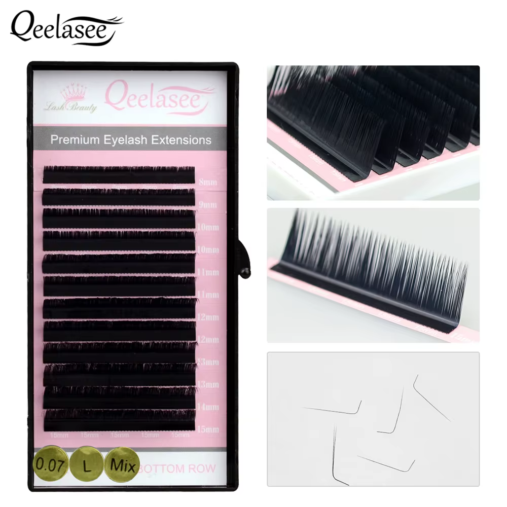 Qeelasee Extensions de cils L L + LC LD Curl vison noir mat naturel doux PBT cils individuels maquil