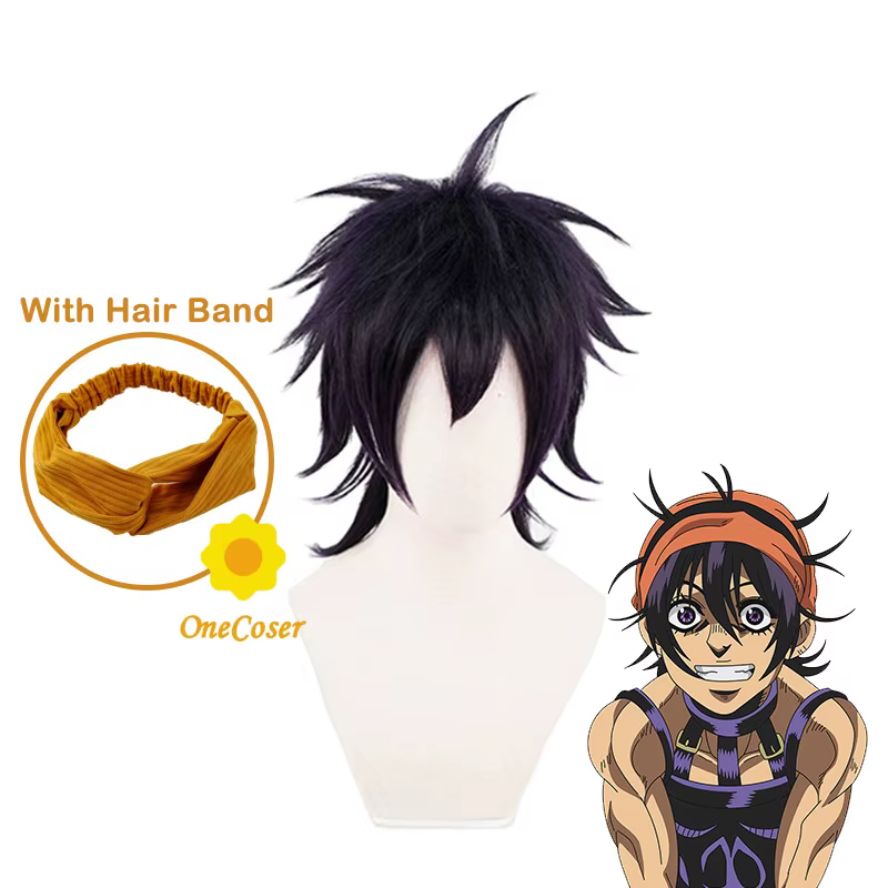 JOJO's Bizarre Adventure Narancia Ghirga Cosplay perruque violet foncé avec bandeau cheveux fibre ré