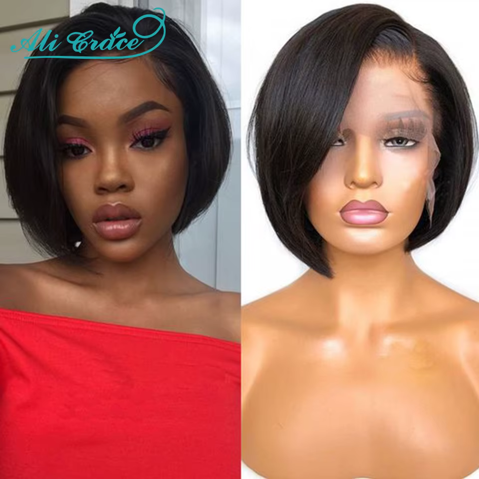 Perruque de cheveux brésiliens courts et lisses, coupe Pixie 20CM, coupe droite, pré-épilée, Ali Gra
