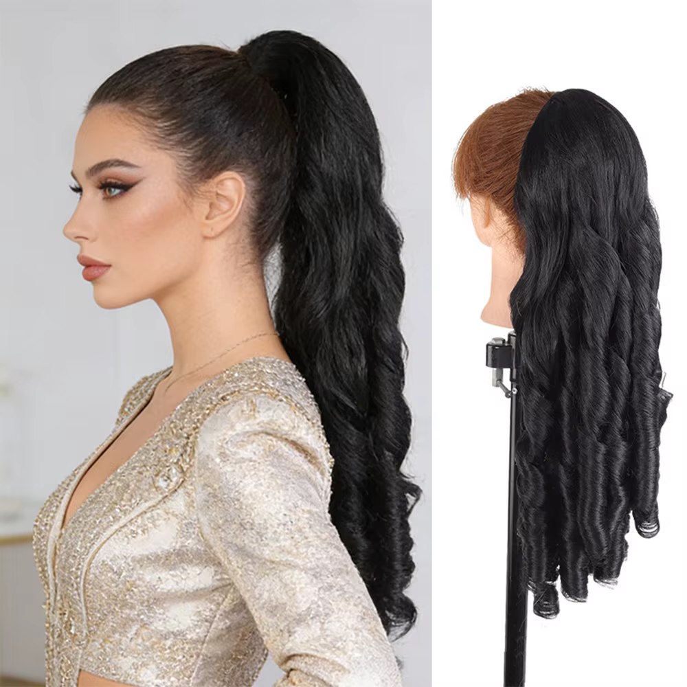 Extensions de queue de cheval ondulées synthétiques avec cordon de serrage, postiche bouclé style ro