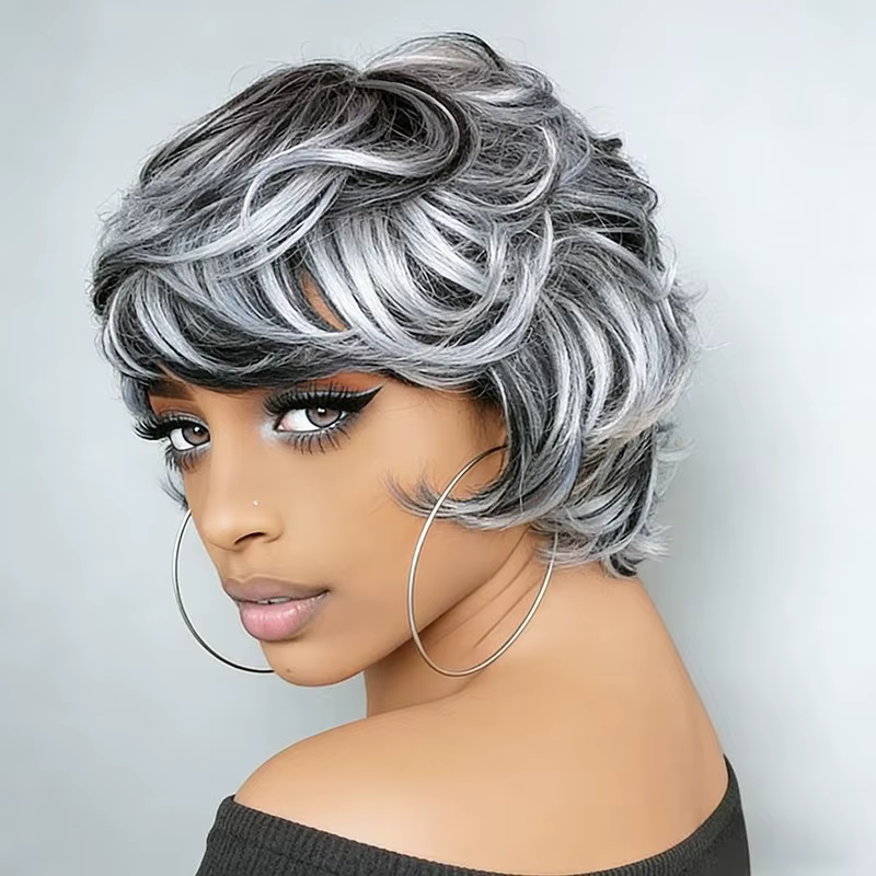 Perruque en cheveux humains couleur gris, coupe pixie, courte, bouclée, ondulée, pour femmes, entièr