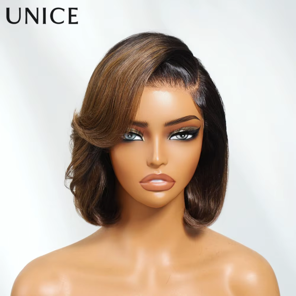 Perruque Bob Lisse Ombrée Marron UNICE avec Frange Latérale Pré-coupée Pré-décolorée, Perruques Sans