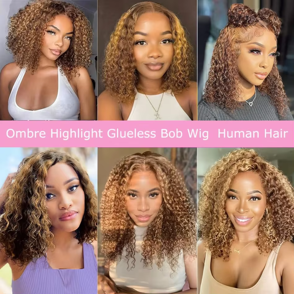 Perruque Bob Ombrée en Cheveux Humains Bouclés Courts, Perruque à Fermeture en Dentelle HD 5x5, Blon