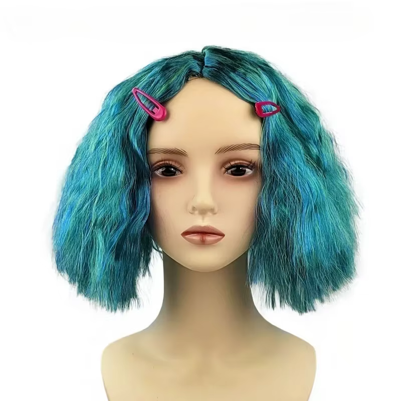 Perruque courte bleue bouclée style anime - Postiche résistant à la chaleur, idéal pour les bals mas