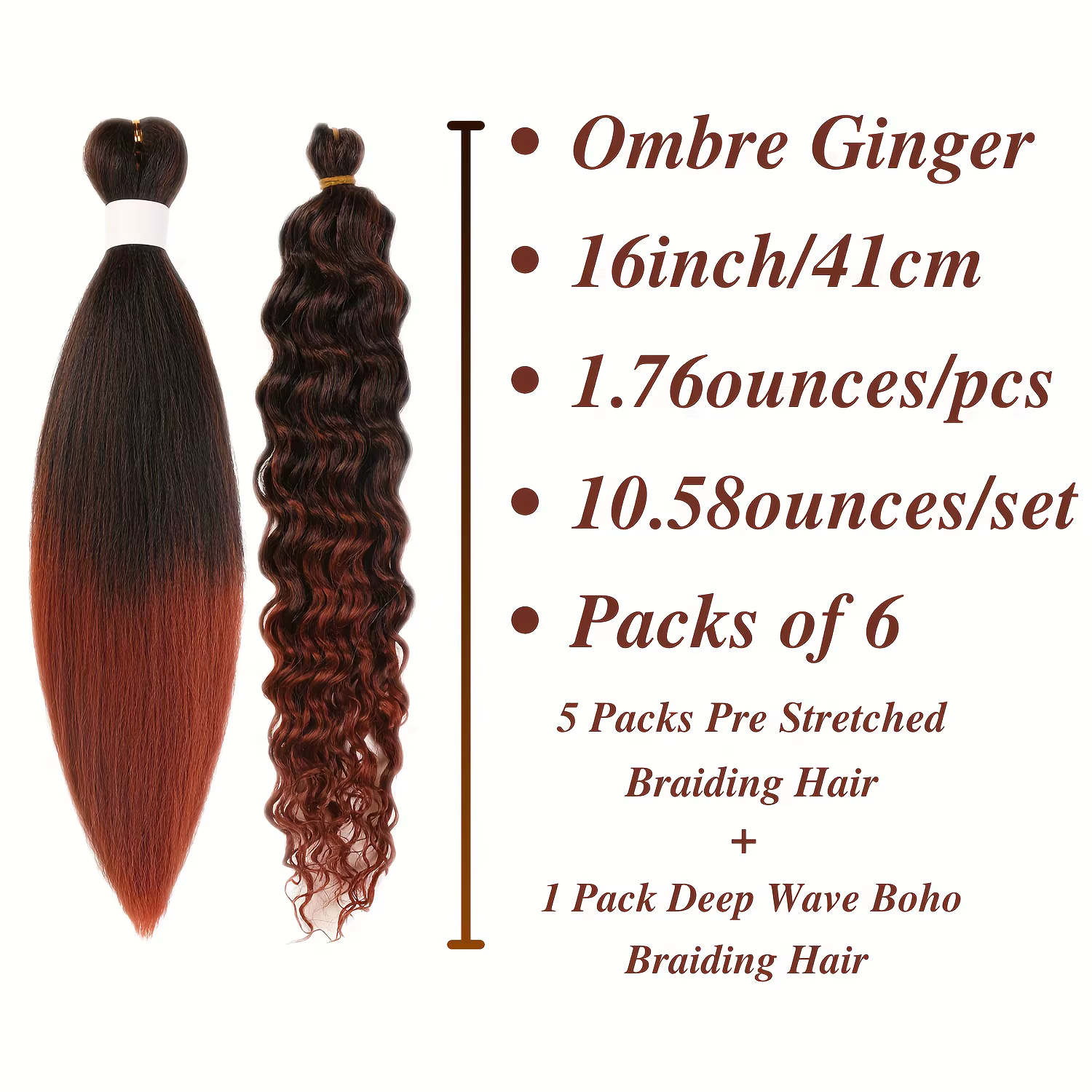 6 tresses Boho 24" | Marron ombré | Synthétique pré-étiré | Longues ondulées, brillantes | V