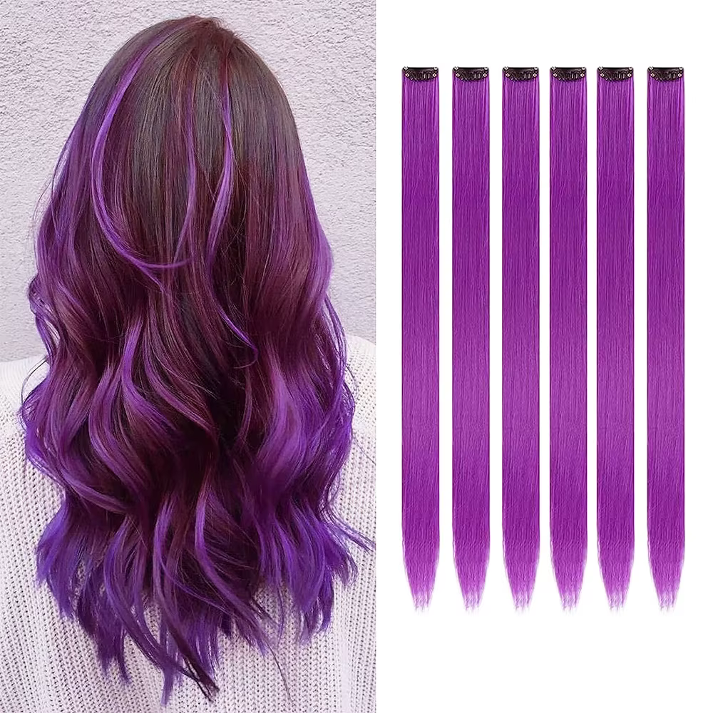 Extensions capillaires synthétiques à clips, 6 pièces/paquet, reflets de fête colorés, 22 pouces, po