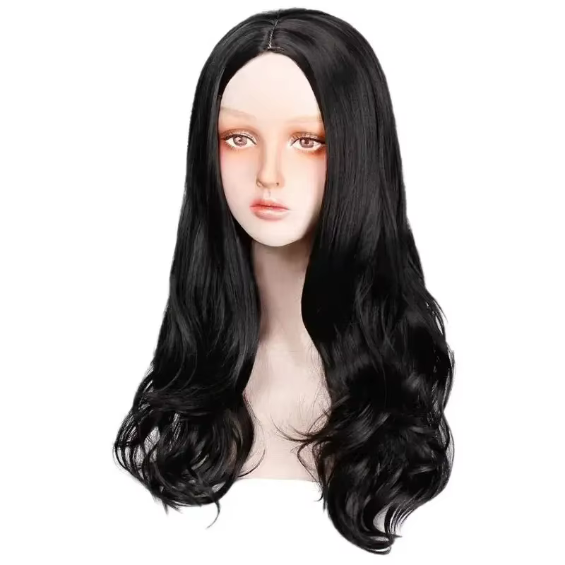 Perruque synthétique noire tendance, grandes vagues, cheveux longs bouclés, cheveux longs et moelleu