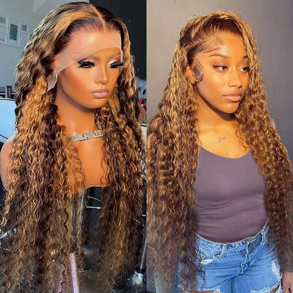 Perruque Lace Front Wig naturelle ondulée, cheveux humains, Deep Curly, brun miel, 13x4, à reflets, 