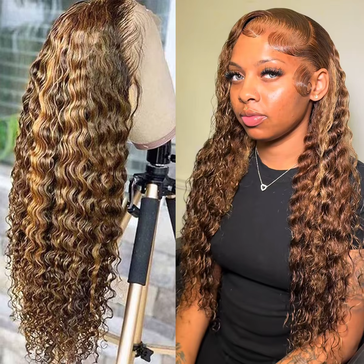 Perruques bouclées Highlight, Perruque Lace Front HD 13x6 en cheveux naturels, Perruques Lace Fronta