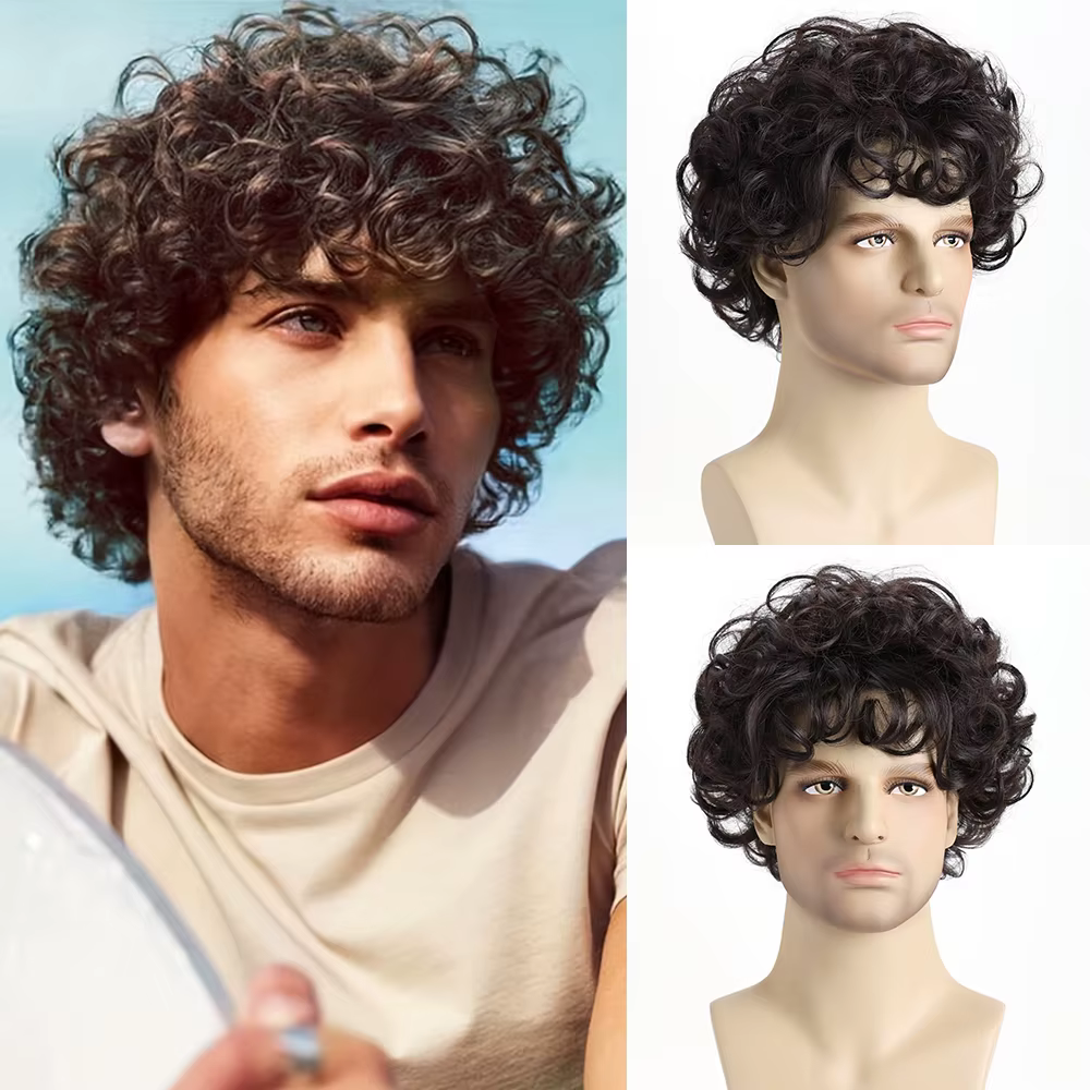 Perruque synthétique ondulée courte bouclée naturelle brune de 10 pouces pour hommes jeunes hommes, 