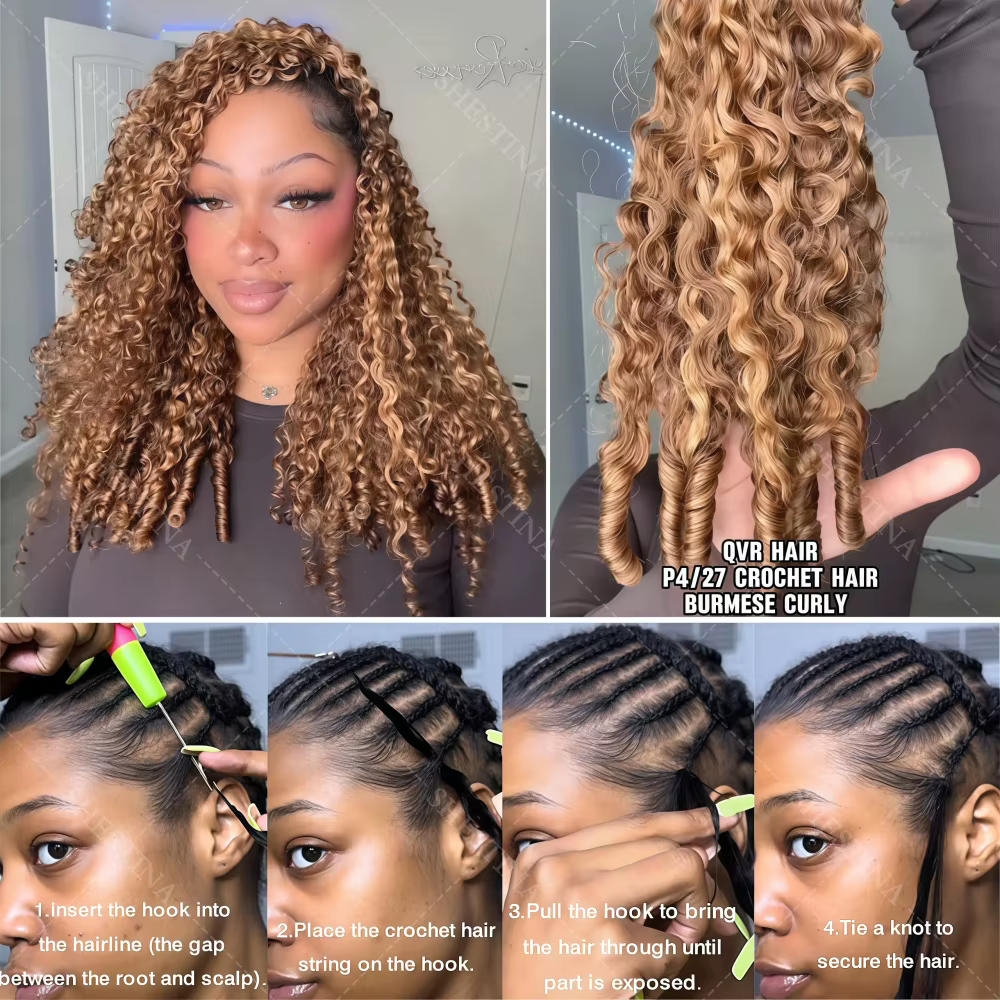 Extensions de cheveux humains ondulés 15A, effet plume, à crocheter, avec boucles spirales aux extré