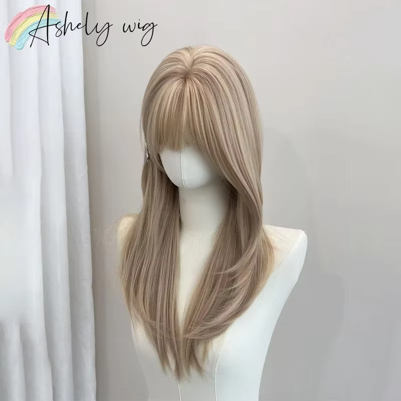 Perruque synthétique blonde avec frange pour femme, cheveux raides moyens, fibres de degré de chaleu