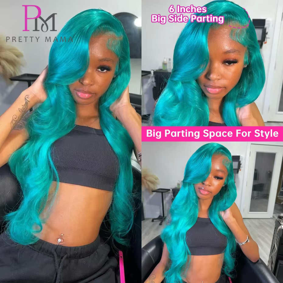 13x6 Cyan bleu dentelle avant perruque vague de corps vert clair dentelle avant perruque cheveux hum