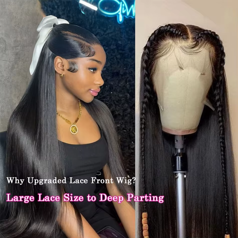 Perruque Lace Front Wig brésilienne lisse, cheveux lisses, Transparent HD, pre-plucked, Humen, pour