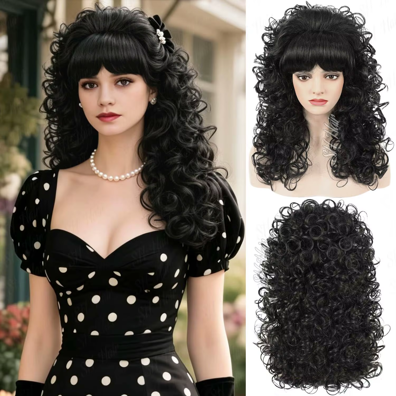 Perruque synthétique bouclée des années 80 avec frange pour femme, perruque vintage grande coiffure 