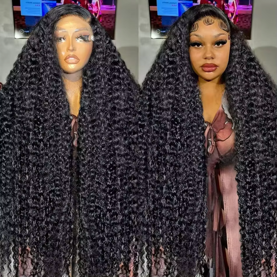Perruque Lace Front Wig sans colle 300 naturelle, cheveux bouclés, Deep Wave, 13x6 HD, 30-34 pouces,