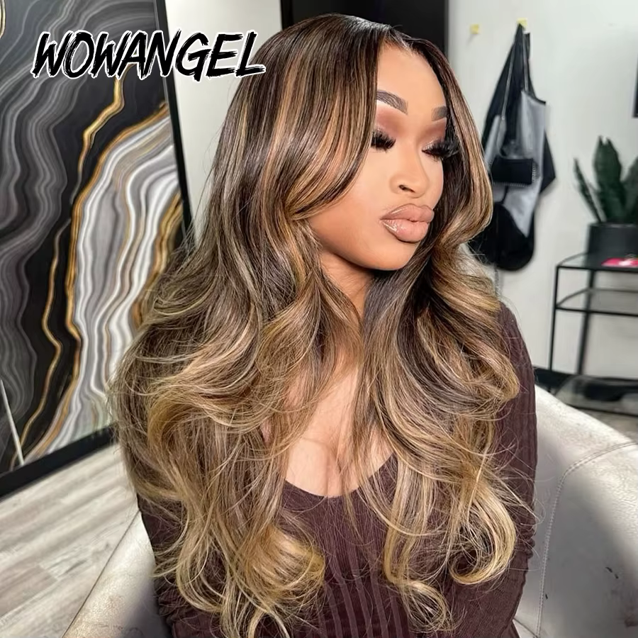 WOWANGEL Perruque Blonde Miel Balayage avec Mèches, Cheveux Humains Ondulés, Perruques Sans Colle en