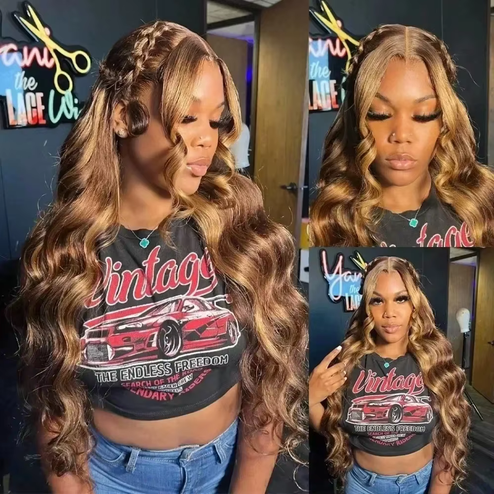 Perruque Lace Frontal Wig naturelle Body Wave ombrée, cheveux humains, 13x4, 13x6, blond miel P4/27,