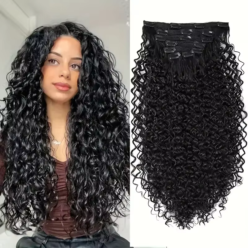 Extensions capillaires synthétiques longues et bouclées, postiches crépues et bouclées à clipser, fa