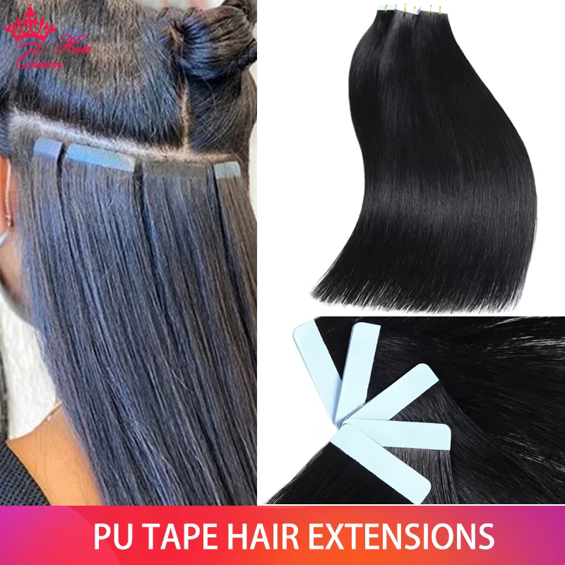Queen Hair Official PU Tape In Hair Skin Weft Hand Tied PU Adhesives Raw Human Hair Extensions Invis