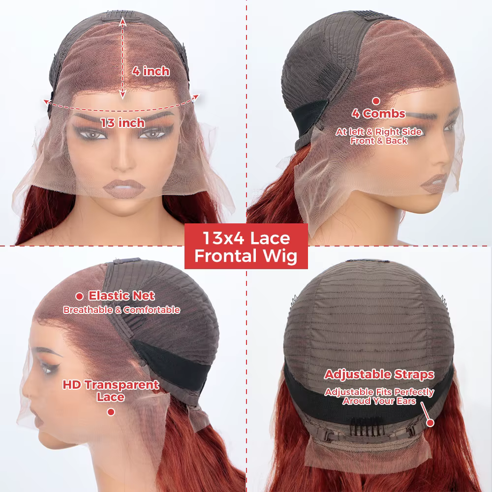 Perruque Lace Frontal Wig brésilienne naturelle lisse, cheveux lisses, brun rougeâtre, 32 pouces, 13