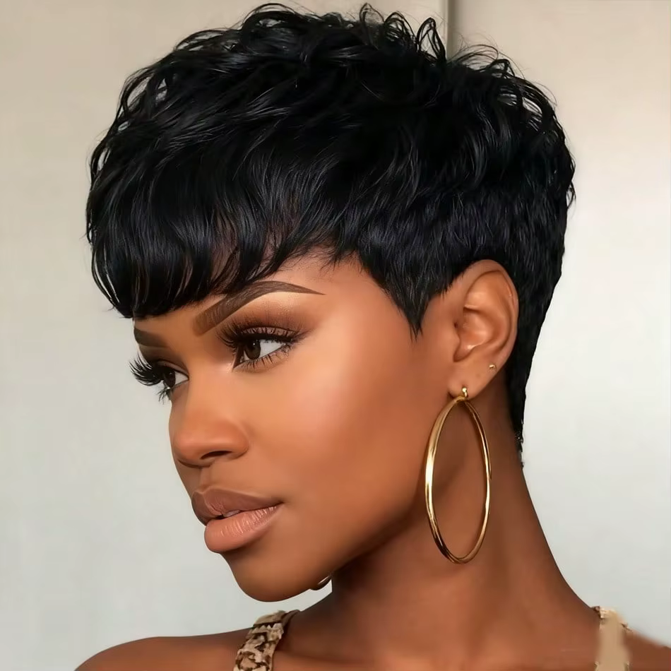 Perruque de cheveux humains droits coupe lutin courte avec frange cheveux péruviens coupe lutin en c