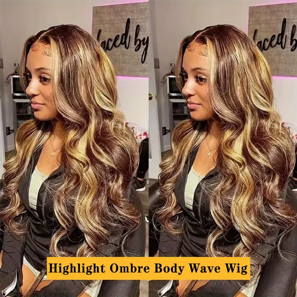 Perruque Frolo Body Wave 13x6 HD Lace en Cheveux Humains Péruviens, Mèches Blondes 4/27 Ombré Marron