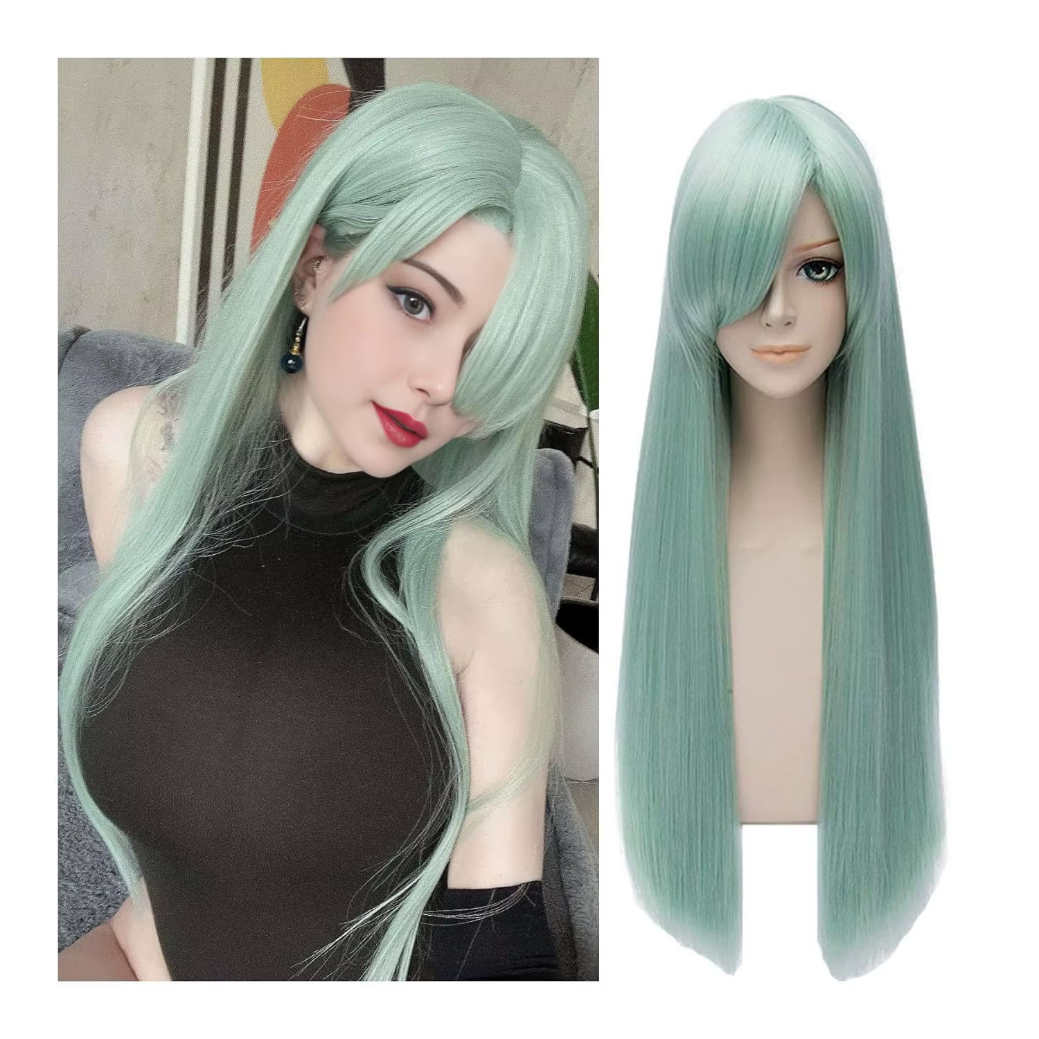 Perruque de cosplay verte avec frange pour femme, cheveux raides, menthe, anime, fête d'Halloween