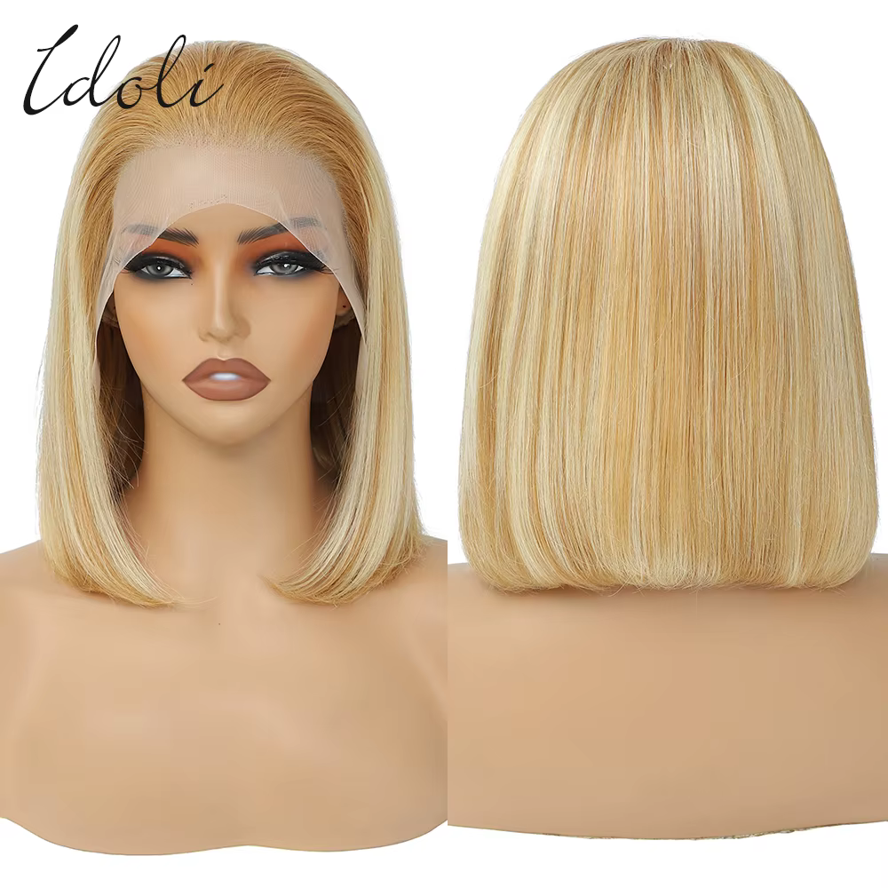 Perruque Lace Front BOB Naturelle Sans Colle HD, Cheveux Blonds à Reflets, P27/613, 13x4
