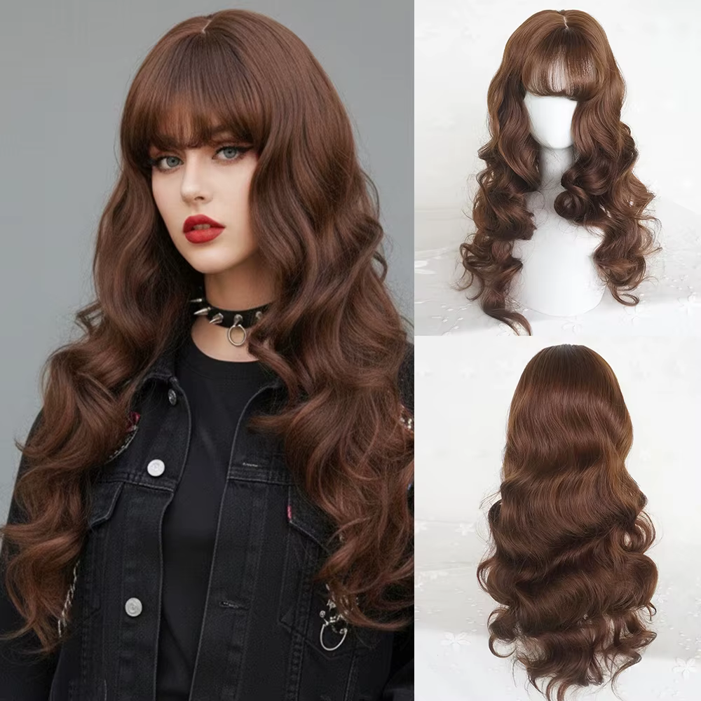 Perruque synthétique longue bouclée ondulée châtain brun avec frange pour femme, style gothique Loli